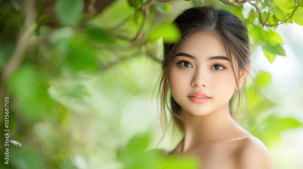 A graceful woman stands among vibrant green foliage in a serene garden, radiating beauty and calmness. A graceful woman stands among vibrant green foliage in a serene garden, radiating beauty and calmness.