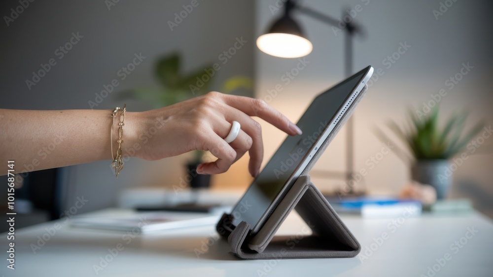Obraz premium Hand interacting with tablet on desk, modern workspace with lamp and plants.