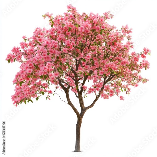 A flowering tree with bright blossoms, isolated on white, highlighting its vivid colors and soft petals