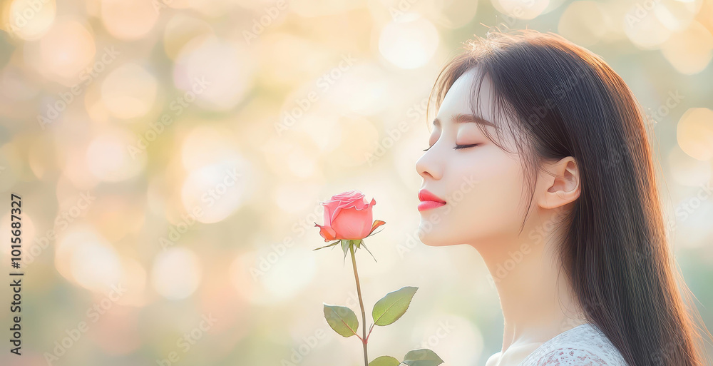 A graceful Asian woman gently cradles a rose, the soft blur of the background enhancing her beauty. A graceful Asian woman gently cradles a rose, the soft blur of the background enhancing her beauty.