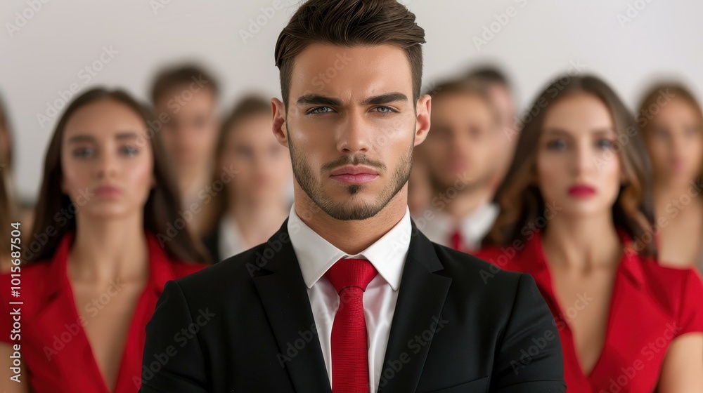 A poised man stands out in formal wear, symbolizing leadership and confidence amid a bustling crowd. Warm hues enrich the scene. A poised man stands out in formal wear, symbolizing leadership and confidence amid a bustling crowd. Warm hues enrich the scene.