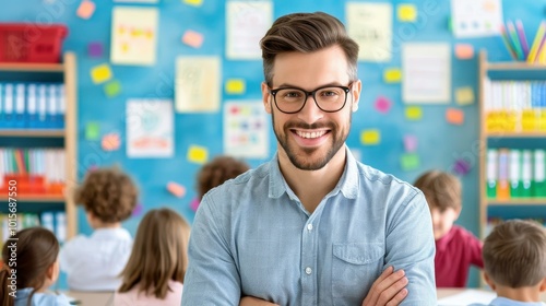 A friendly middleaged teacher beams with joy in a vibrant classroom full of engaged students ready to learn.