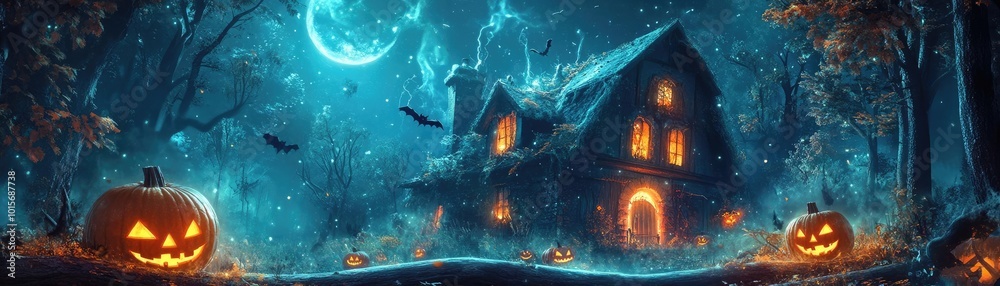 A spooky Halloween scene featuring a haunted house, glowing pumpkins, and a mystical moonlit forest atmosphere. A spooky Halloween scene featuring a haunted house, glowing pumpkins, and a mystical moonlit forest atmosphere.