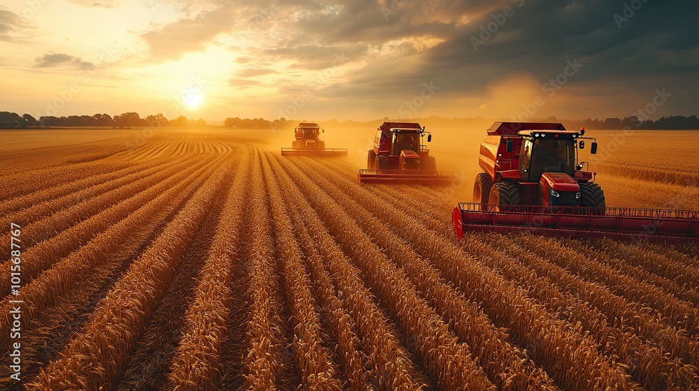 Fototapeta premium Aerial view of agricultural machines harvesting cereal crops on a large farm, demonstrating rural life.