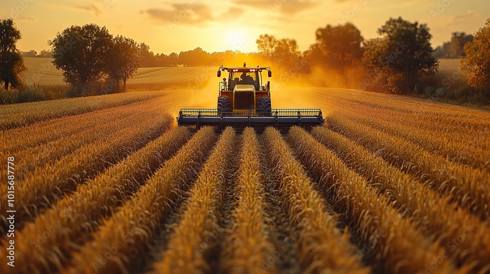 Fototapeta premium Aerial view of agricultural machines harvesting cereal crops on a large farm, demonstrating rural life.
