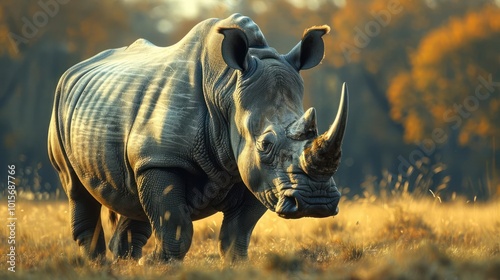 a rhino standing in a field with trees in the background photo