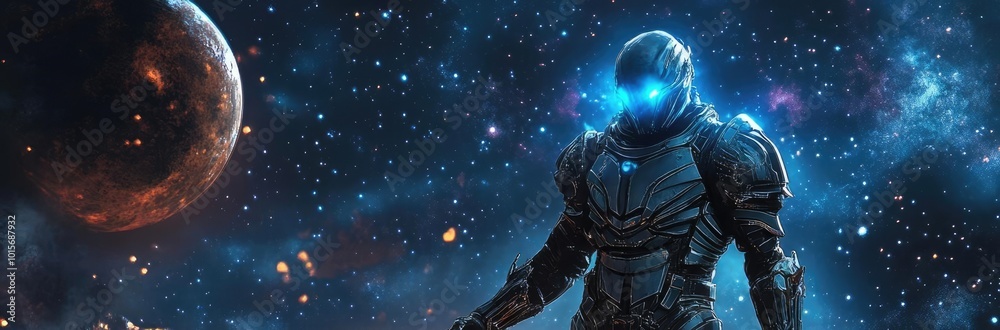 A futuristic astronaut stands in space, holding a carved pumpkin, blending Halloween with the vast cosmos in a striking visual. A futuristic astronaut stands in space, holding a carved pumpkin, blending Halloween with the vast cosmos in a striking visual.