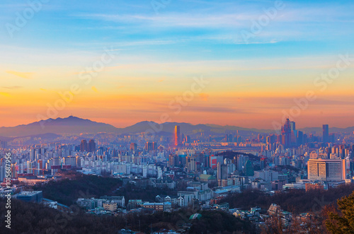 Dawn view of seoul downtown seen from Ansan Mountain near Seodaemun-gu, Seoul, Korea. 63 building and Han river are visible.