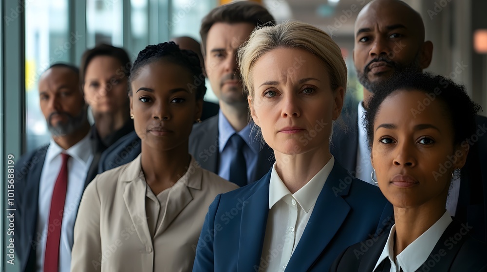Diverse group of professionals in business attire standing confidently in modern office lobby, symbolizing dynamic labor market and urban work environment Diverse group of professionals in business attire standing confidently in modern office lobby, symbolizing dynamic labor market and urban work environment
