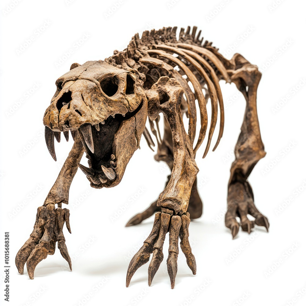 Fossilized remains of a saber-toothed tiger, isolated on white, focus on the bones and ancient features Fossilized remains of a saber-toothed tiger, isolated on white, focus on the bones and ancient features
