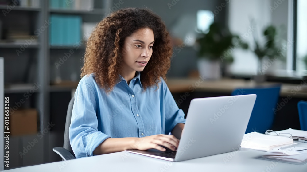 A young woman sitting at a desk, using a laptop and working on a project or writing a letter to a customer while looking over the screen of her computer. A young woman sitting at a desk, using a laptop and working on a project or writing a letter to a customer while looking over the screen of her computer.