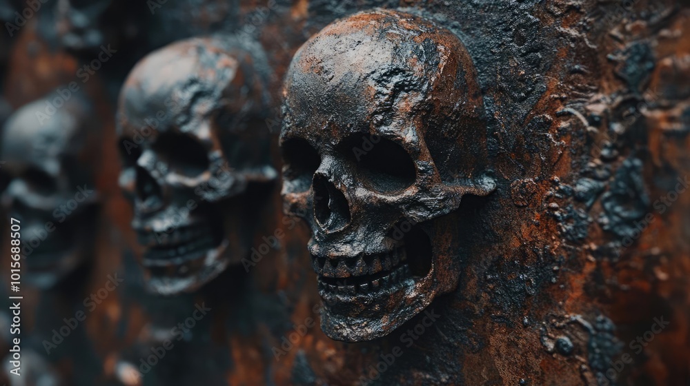 Close-up of decorative skulls on a weathered surface, showcasing intricate details and an eerie aesthetic. Close-up of decorative skulls on a weathered surface, showcasing intricate details and an eerie aesthetic.