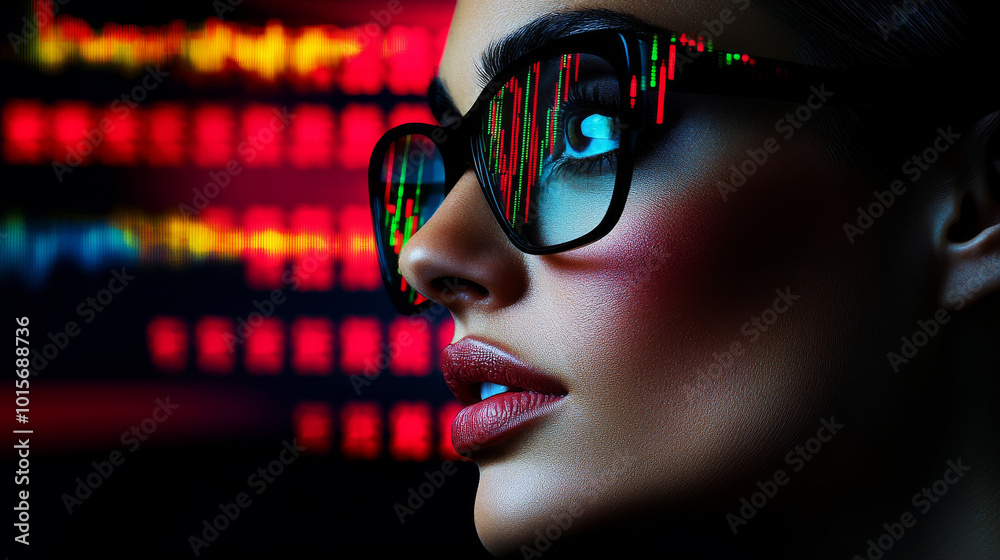 A woman's face is partially obscured by her glasses, with a stock market graph reflecting in the lenses. A woman's face is partially obscured by her glasses, with a stock market graph reflecting in the lenses.