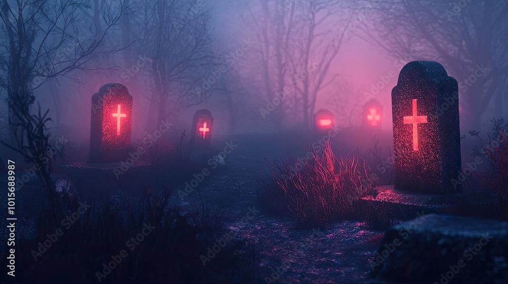 Mysterious graveyard scene shrouded in fog, featuring glowing crosses on tombstones, creating an eerie atmosphere. Mysterious graveyard scene shrouded in fog, featuring glowing crosses on tombstones, creating an eerie atmosphere.