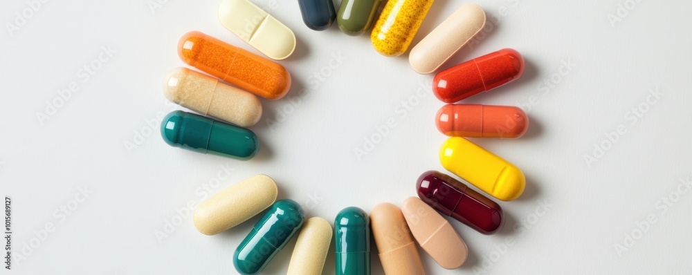 Supplements in a circular arrangement of glowing minerals, representing health balance and overall well-being Supplements in a circular arrangement of glowing minerals, representing health balance and overall well-being