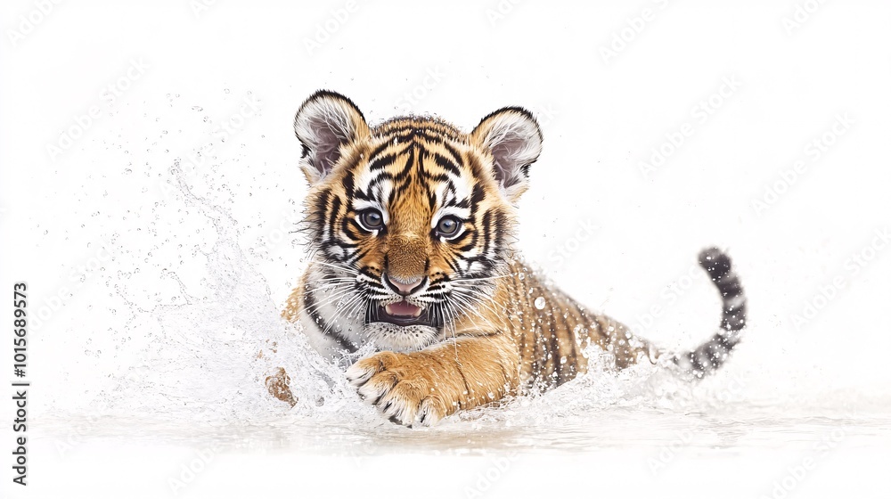 Obraz premium Joyful Tiger Cub Splashing in Water