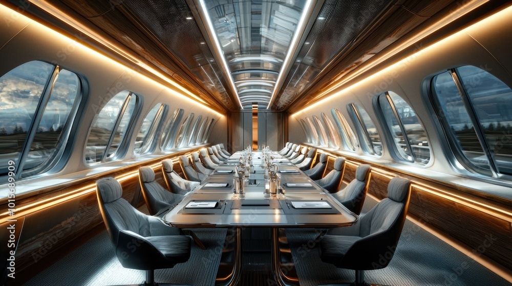 Elegant dining area in a modern train carriage Elegant dining area in a modern train carriage