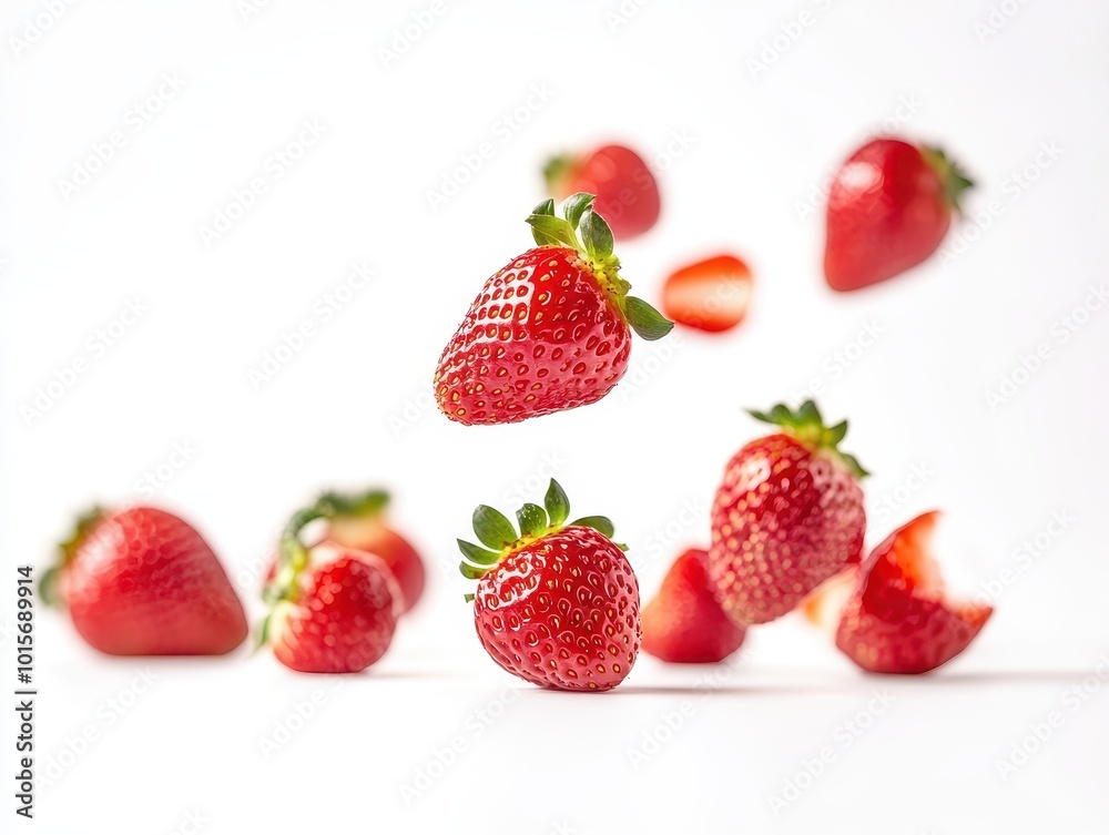 Fresh Red Strawberries Falling on White Background Fresh Red Strawberries Falling on White Background
