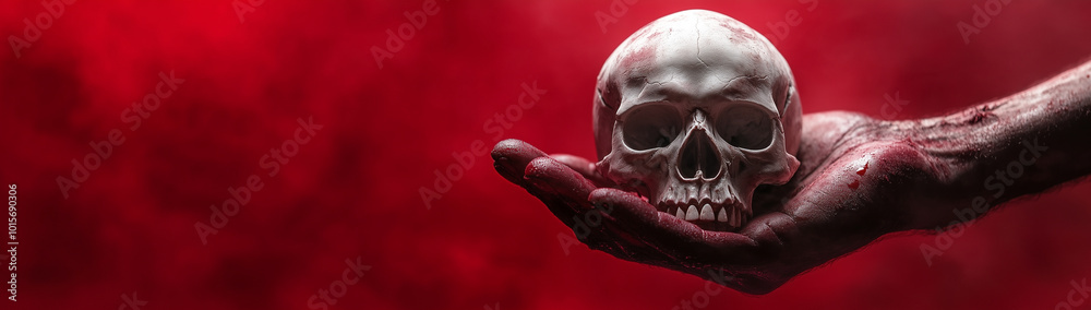Fototapeta premium Human skull in hand on red background, created with Generative AI technology.