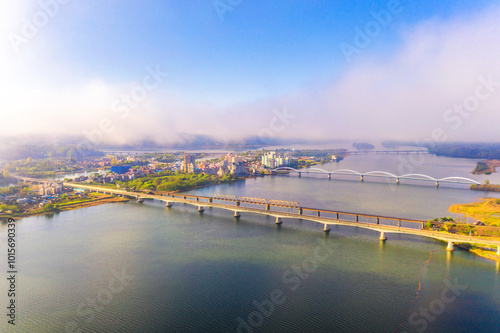 Aerial view of a village at Dumulmeori(Yangsu-ri) near Yangpyeong-gun, Korea. Dumulmeori is the place where the North and South Han Rivers join.  photo