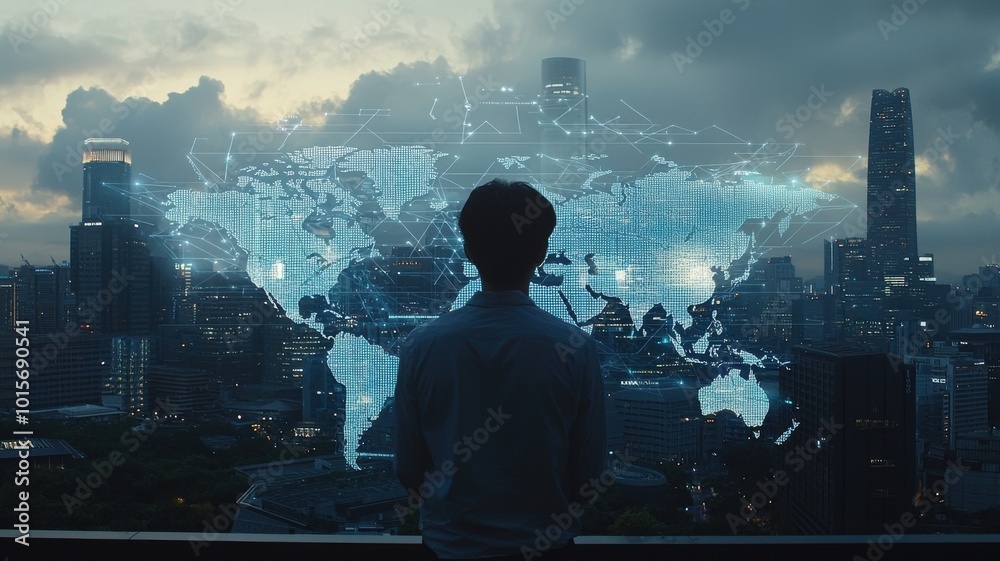 Person gazing at a digital world map against a city skyline background. Person gazing at a digital world map against a city skyline background.