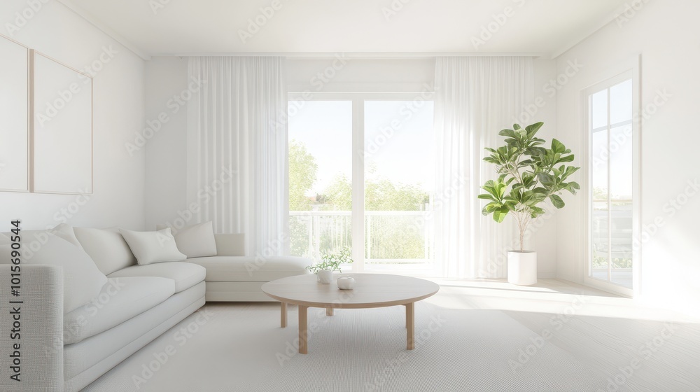 A living room with a white couch, a coffee table, and a potted plant A living room with a white couch, a coffee table, and a potted plant