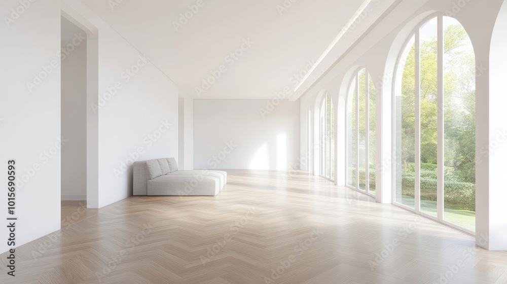 Obraz premium A large, empty room with white walls and hardwood floors