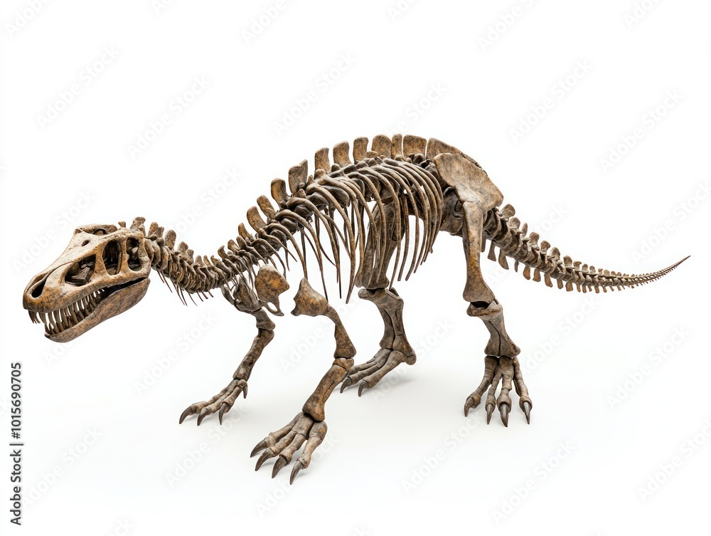 A fossilized dinosaur, isolated on a plain white background, sharp details of its skeletal structure A fossilized dinosaur, isolated on a plain white background, sharp details of its skeletal structure