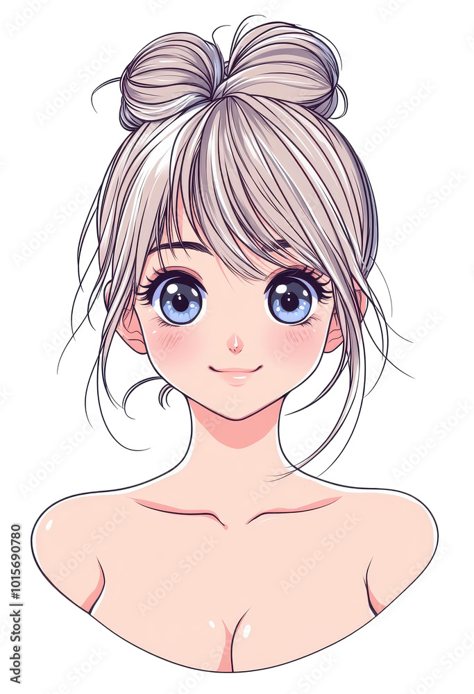 A charming anime girl with pastel blond hair and gray eyes, set against a serene gradient backdrop in a minimalist style.