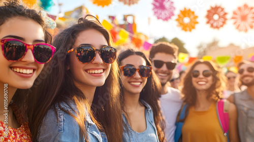 A lively group of young friends in sunglasses smiling under a bright sun, surrounded by colorful decorations, fully immersed in a vibrant outdoor festival scene.