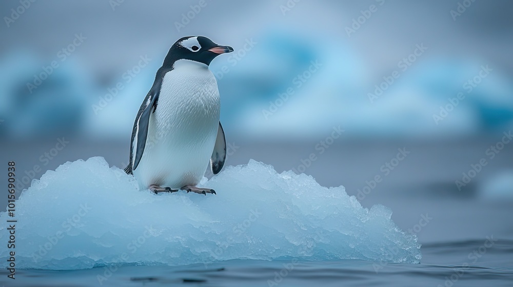 Obraz premium A penguin perches on an iceberg in the middle of the ocean, its icy habitat shrinking as the effects of climate change alter its environment.