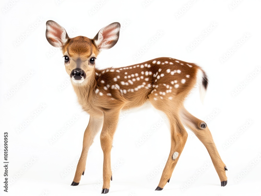Obraz premium A newborn fawn, isolated on a plain white background, focus on its delicate legs and soft fur