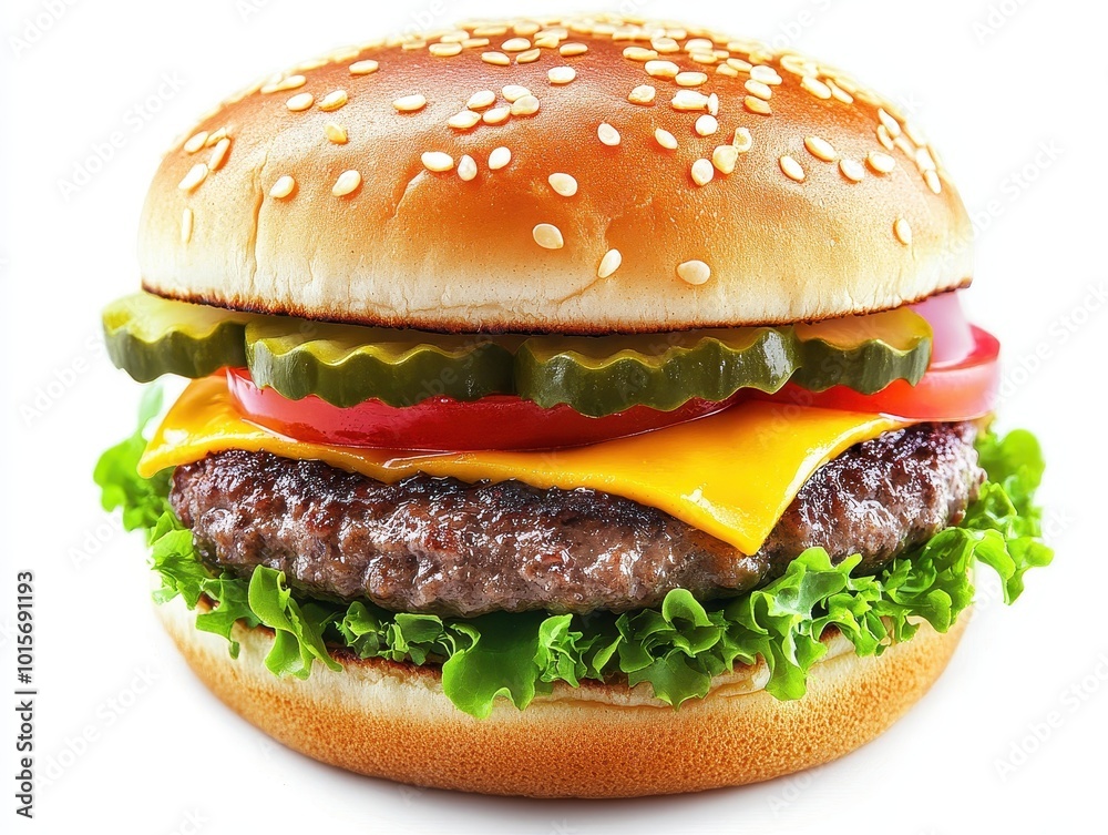 A Close-up of a Juicy Cheeseburger with Pickles, Tomato, Lettuce, and Sesame Seed Bun A Close-up of a Juicy Cheeseburger with Pickles, Tomato, Lettuce, and Sesame Seed Bun