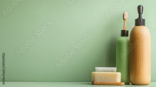 A neatly arranged set of a bamboo toothbrush, soap, and a reusable water bottle is displayed on a pastel green surface, showcasing a commitment to sustainable living