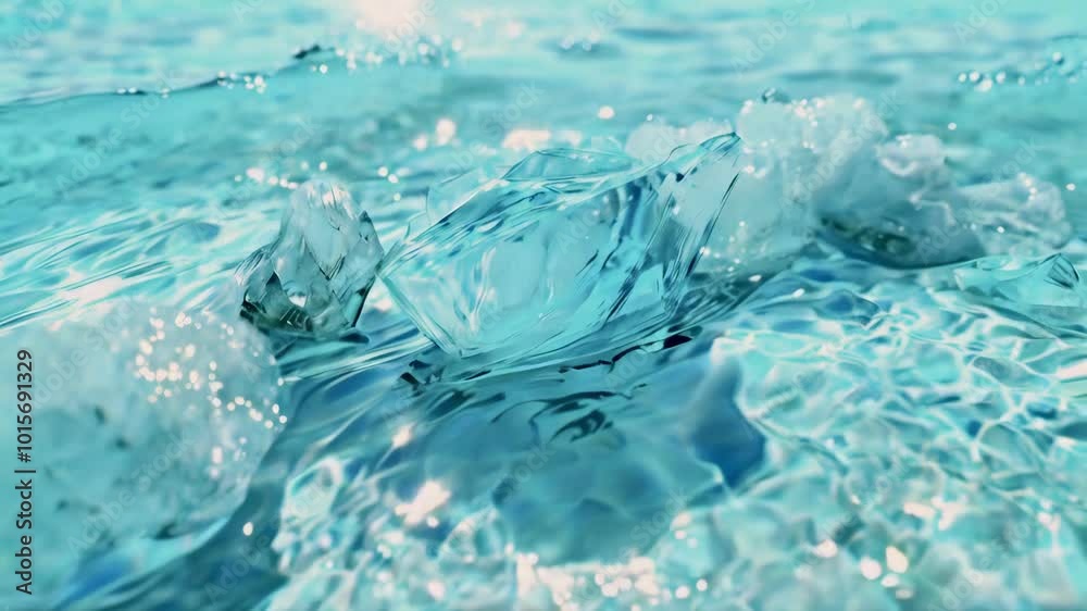 Crystal clear ice floating on aqua water surface Crystal clear ice floating on aqua water surface