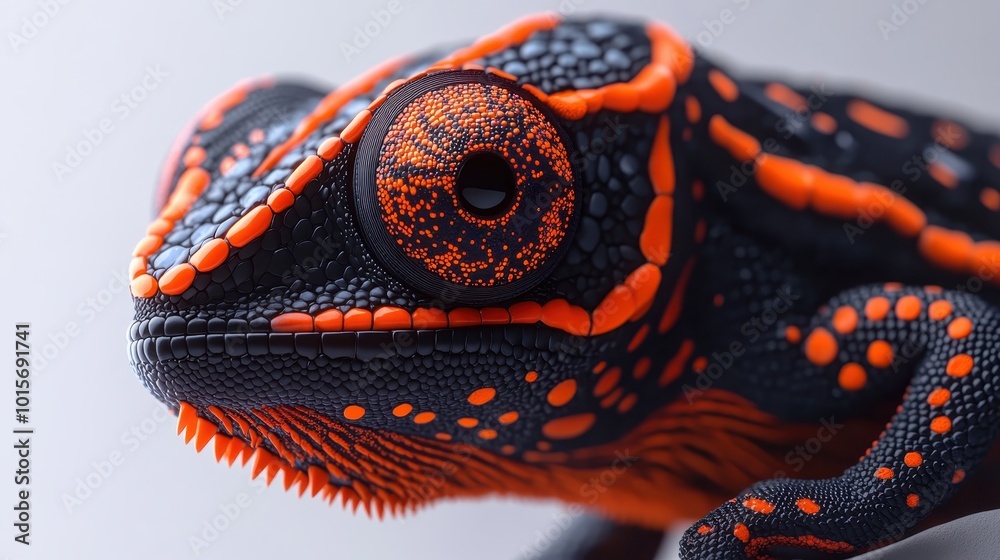 Close-Up of Vibrant Orange and Black Chameleon with Intricate Patterns on Skin Against a Soft Gray Background Close-Up of Vibrant Orange and Black Chameleon with Intricate Patterns on Skin Against a Soft Gray Background