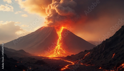 Active volcano erupting with lava flow and smoke against dramatic sky