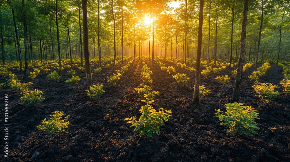 Obraz premium A photo illustration of afforestation efforts, with diverse tree species being planted on barren land to combat climate change and habitat loss.