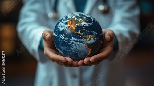 A physician holds the planet Earth in their hands, symbolizing the responsibility of humanity to protect and care for the environment. photo