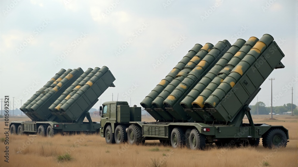 Obraz premium Advanced anti aircraft or anti missile defense system, with multiple missile silos arranged in a formation on a military base.