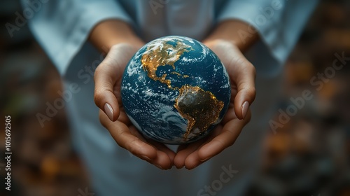 Fototapeta Naklejka Na Ścianę i Meble -  A physician holds the planet Earth in their hands, symbolizing the responsibility of humanity to protect and care for the environment.