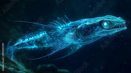 Glowing Viperfish with Needle-like Teeth in Dark Ocean photo