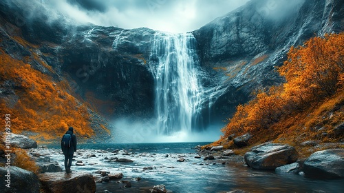 A picturesque view of a waterfall cascading near the Buarbreen Glacier in Folgefonna National Park, Norway, showcasing the beauty of nature. photo