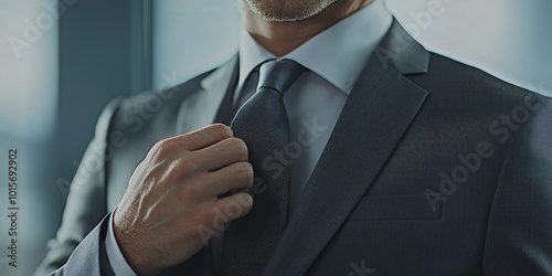Close up of business man hand touching tie in grey suit, generative AI