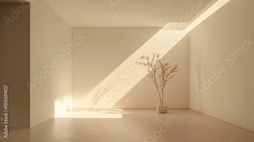 Minimalist interior design with a single plant in a corner of a room.