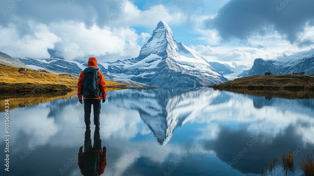 Naklejka premium A lone hiker stands on the shore of a pristine lake, gazing at the majestic Matterhorn mountain reflected in the still water.