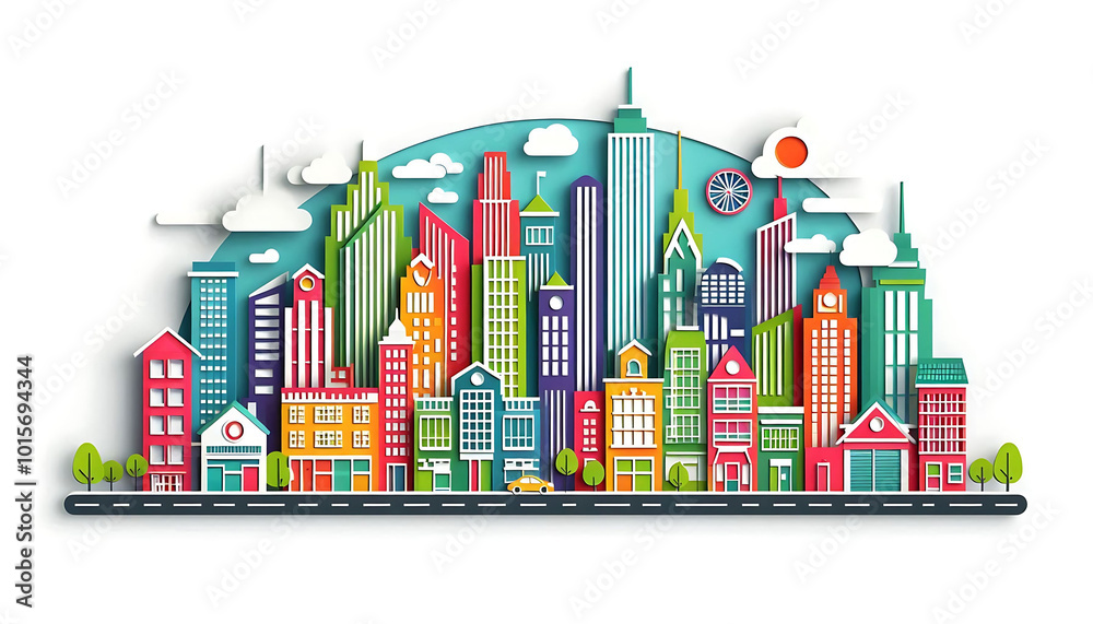 Fototapeta premium Colorful Cityscape with Tall Buildings and Green Trees