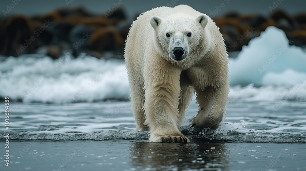 A polar bear walks along the shoreline, navigating a landscape affected by rising temperatures and melting ice. A polar bear walks along the shoreline, navigating a landscape affected by rising temperatures and melting ice.