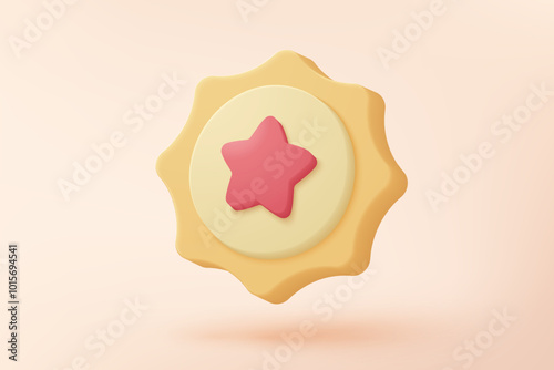 3d winner medal with star and ribbon on pastel yellow background. Quality guarantee of product champion award with cartoon minimal style. 3d graphics medal rating icon vector rendering illustration