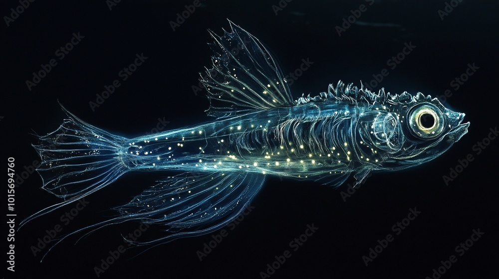 Fototapeta premium Glowing Lanternfish Swimming in the Dark Ocean Depths